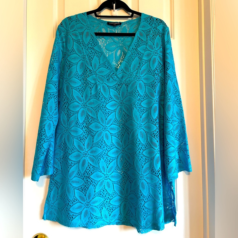 Elegant Aqua Blue Lace Swim Coverup Size L. NWOT